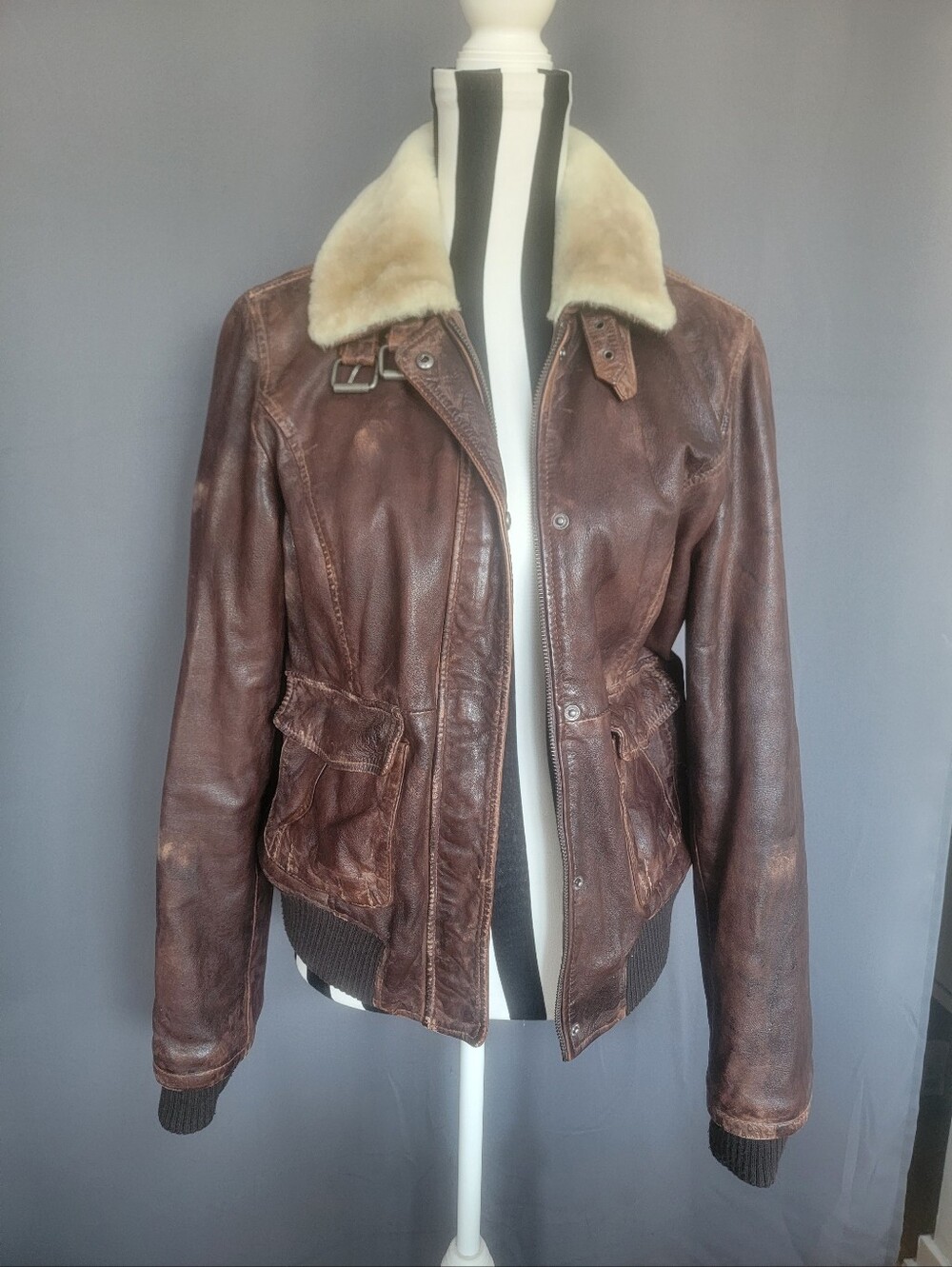Women's Wilson's Vintage Real Leather Brown Bomber Jacket Real Lamb Fur Collar M